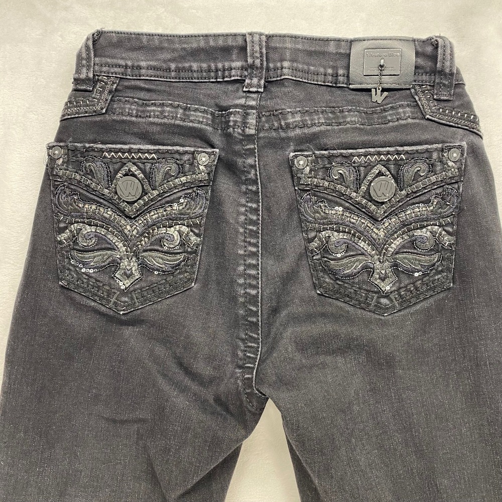 Western Blue Black Jeans Bootcut Rhinestone Embellished Denim Jeans Sz 26 - flaw